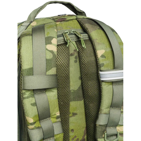 Image of Beretta Tactical Multicam Backpack with 29L capacity featuring M.O.L.L.E. system for outdoor and tactical activities, customizable with velcro patches, designed for durability and organization.