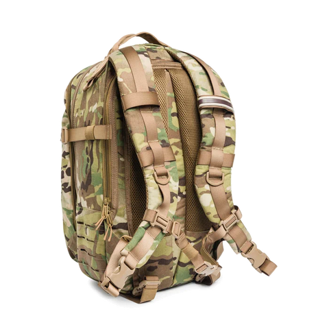 Image of Beretta Tactical Multicam Backpack with 29L capacity featuring M.O.L.L.E. system for outdoor and tactical activities, customizable with velcro patches, designed for durability and organization.