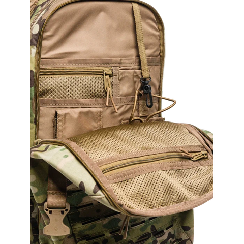 Image of Beretta Tactical Multicam Backpack with 29L capacity featuring M.O.L.L.E. system for outdoor and tactical activities, customizable with velcro patches, designed for durability and organization.