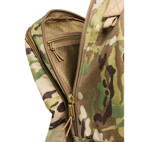 Image of Beretta Tactical Multicam Backpack with 29L capacity featuring M.O.L.L.E. system for outdoor and tactical activities, customizable with velcro patches, designed for durability and organization.