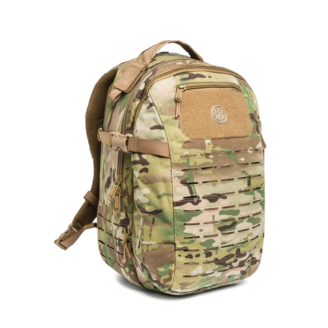 Image of Beretta Tactical Multicam Backpack with 29L capacity featuring M.O.L.L.E. system for outdoor and tactical activities, customizable with velcro patches, designed for durability and organization.