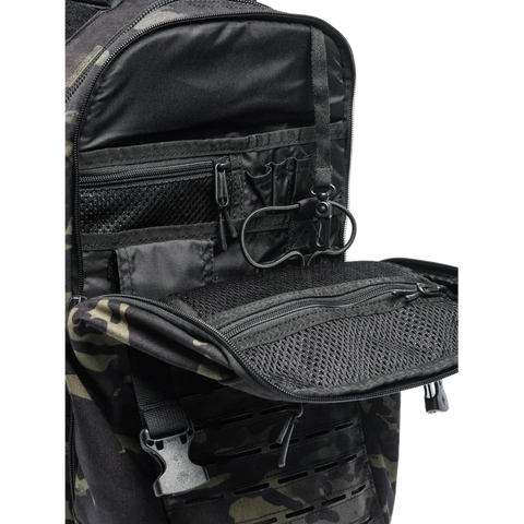 Image of Beretta Tactical Multicam Backpack with 29L capacity featuring M.O.L.L.E. system for outdoor and tactical activities, customizable with velcro patches, designed for durability and organization.