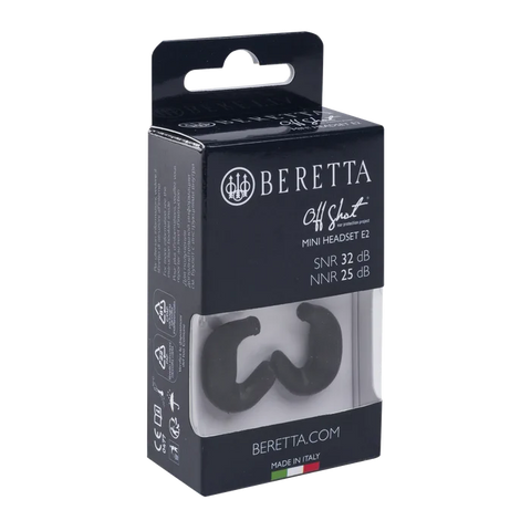 Écouteurs Beretta Mini Headset E2 en silicone souple, ergonomique, offrant une protection auditive exceptionnelle de 32 dB SNR, conçus pour la chasse et les environnements bruyants, avec embouts ajustables et étui de rangement pratique.