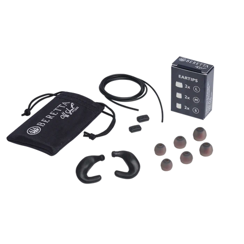 Écouteurs Beretta Mini Headset E2 en silicone souple, ergonomique, offrant une protection auditive exceptionnelle de 32 dB SNR, conçus pour la chasse et les environnements bruyants, avec embouts ajustables et étui de rangement pratique.