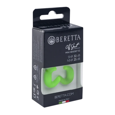 Écouteurs Beretta Mini Headset E2 en silicone souple, ergonomique, offrant une protection auditive exceptionnelle de 32 dB SNR, conçus pour la chasse et les environnements bruyants, avec embouts ajustables et étui de rangement pratique.
