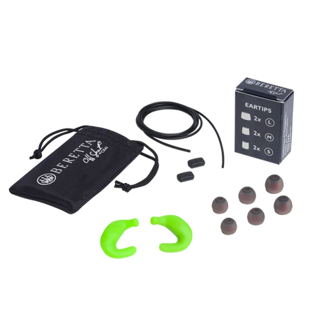 Écouteurs Beretta Mini Headset E2 en silicone souple, ergonomique, offrant une protection auditive exceptionnelle de 32 dB SNR, conçus pour la chasse et les environnements bruyants, avec embouts ajustables et étui de rangement pratique.