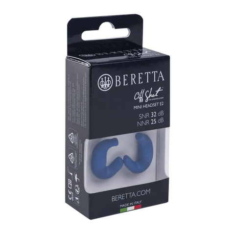 Écouteurs Beretta Mini Headset E2 en silicone souple, ergonomique, offrant une protection auditive exceptionnelle de 32 dB SNR, conçus pour la chasse et les environnements bruyants, avec embouts ajustables et étui de rangement pratique.