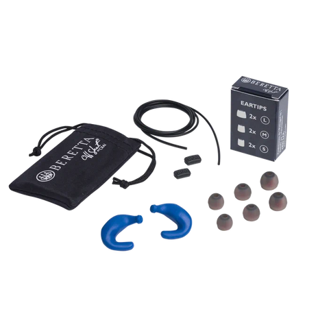 Écouteurs Beretta Mini Headset E2 en silicone souple, ergonomique, offrant une protection auditive exceptionnelle de 32 dB SNR, conçus pour la chasse et les environnements bruyants, avec embouts ajustables et étui de rangement pratique.