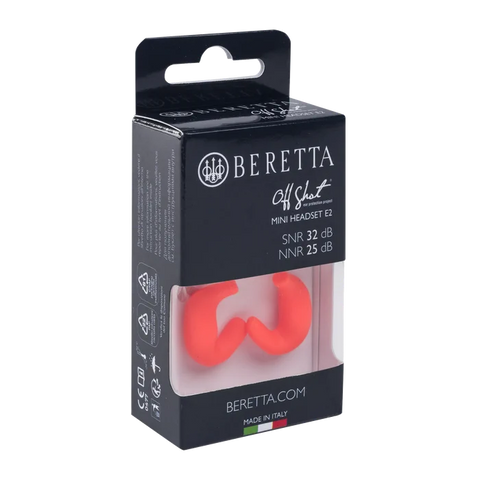 Écouteurs Beretta Mini Headset E2 en silicone souple, ergonomique, offrant une protection auditive exceptionnelle de 32 dB SNR, conçus pour la chasse et les environnements bruyants, avec embouts ajustables et étui de rangement pratique.