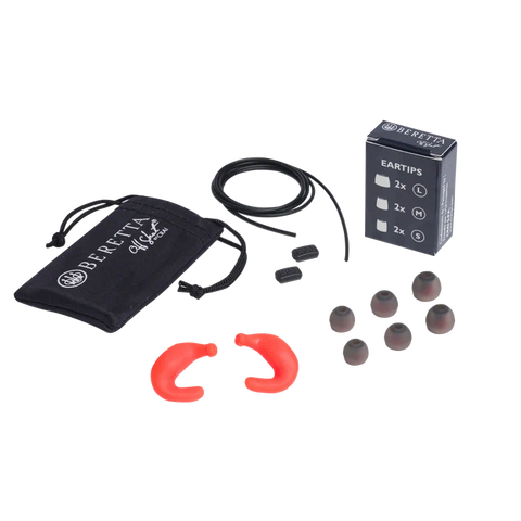 Écouteurs Beretta Mini Headset E2 en silicone souple, ergonomique, offrant une protection auditive exceptionnelle de 32 dB SNR, conçus pour la chasse et les environnements bruyants, avec embouts ajustables et étui de rangement pratique.