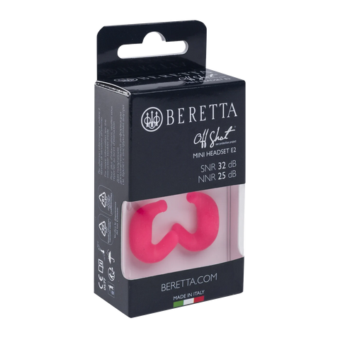 Écouteurs Beretta Mini Headset E2 en silicone souple, ergonomique, offrant une protection auditive exceptionnelle de 32 dB SNR, conçus pour la chasse et les environnements bruyants, avec embouts ajustables et étui de rangement pratique.