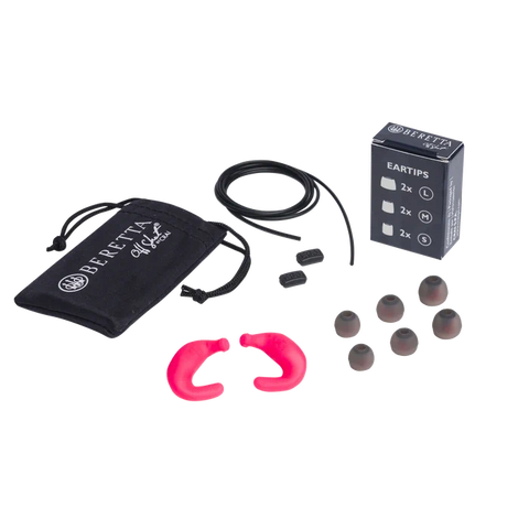 Écouteurs Beretta Mini Headset E2 en silicone souple, ergonomique, offrant une protection auditive exceptionnelle de 32 dB SNR, conçus pour la chasse et les environnements bruyants, avec embouts ajustables et étui de rangement pratique.