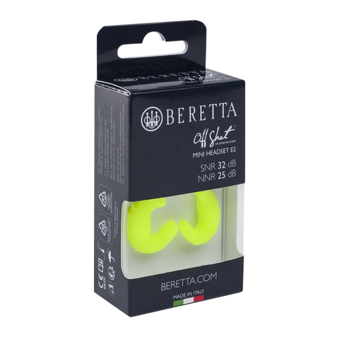 Écouteurs Beretta Mini Headset E2 en silicone souple, ergonomique, offrant une protection auditive exceptionnelle de 32 dB SNR, conçus pour la chasse et les environnements bruyants, avec embouts ajustables et étui de rangement pratique.