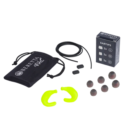 Écouteurs Beretta Mini Headset E2 en silicone souple, ergonomique, offrant une protection auditive exceptionnelle de 32 dB SNR, conçus pour la chasse et les environnements bruyants, avec embouts ajustables et étui de rangement pratique.