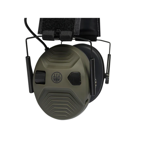 Casque électronique Beretta de protection auditive active avec SNR de 32 dB, idéal pour la chasse, doté d'amplification sonore et de coquilles compactes pour un confort optimal