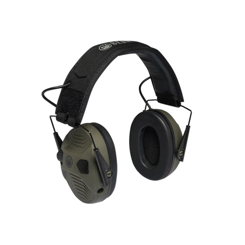 Casque électronique Beretta de protection auditive active avec SNR de 32 dB, idéal pour la chasse, doté d'amplification sonore et de coquilles compactes pour un confort optimal