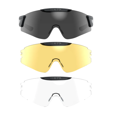 Lunettes Beretta InterMask avec verres interchangeables et bandeau anti-transpiration, offrant un confort et une visibilité optimale pour le tir sportif, idéales pour s'adapter à différentes conditions de luminosité.