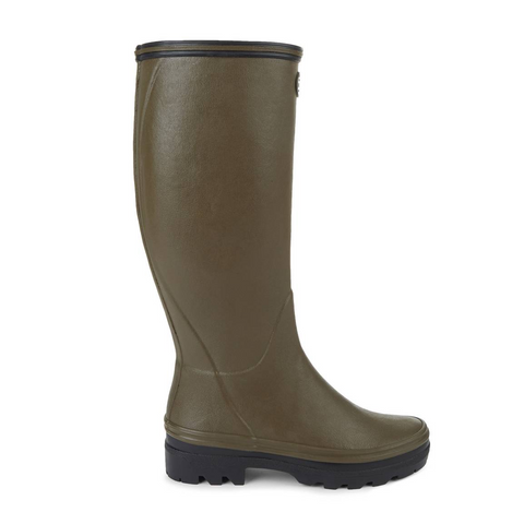 Bottes en caoutchouc naturel pour la marche à la campagne avec doublure en jersey poly-coton ultra-résistante et semelle bi-densité antichoc Le Chameau, offrant confort et adhérence tout terrain, imperméables et fabriquées artisanalement.