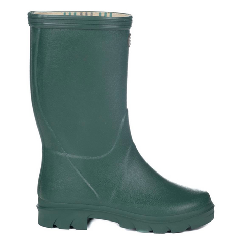 Bottes pour enfants Le Chameau confectionnées à la main avec caoutchouc Chamolux et doublées jersey, parfaites pour aventures en plein air, offrant confort, imperméabilité et style.