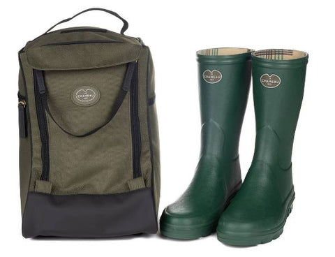 Sac à bottillon beige Le Chameau Iris, élégant et pratique pour transporter et ranger des bottillons, fabriqué en textile avec des renforts en cuir, idéal pour sécuriser vos bottines dans le coffre de votre voiture sans les salir