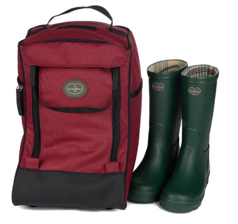 Sac à bottillon beige Le Chameau Iris, élégant et pratique pour transporter et ranger des bottillons, fabriqué en textile avec des renforts en cuir, idéal pour sécuriser vos bottines dans le coffre de votre voiture sans les salir