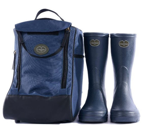 Sac à bottillon beige Le Chameau Iris, élégant et pratique pour transporter et ranger des bottillons, fabriqué en textile avec des renforts en cuir, idéal pour sécuriser vos bottines dans le coffre de votre voiture sans les salir