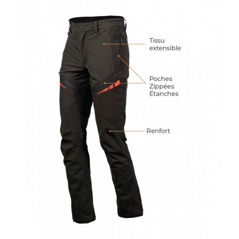 Pantalon Softshell Somlys vert modèle 645 avec tissu imperméable et extensible, idéal pour la chasse et les activités de plein air, équipé de poches sécurisées et fabriqué avec 92% polyester et 8% spandex, doublure en polyester, membre SL-TEX GOLD, offrant confort, protection et durabilité.