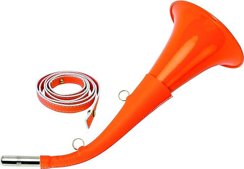 Corne Pavillon Januel 30 cm Fluo avec bretelle pour chasse, instrument de signalisation avec excellente visibilité et fonctionnalité. Parfait pour chasseurs modernes à la recherche de sécurité et efficacité en groupe avec un accessoire luminescent et pratique.