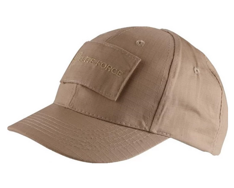 Casquette Elite Force Operator, style tactique, couleur FDE, logo distinctif, patch Velcro personnalisable, idéale pour activités extérieures et amateurs de mode militarisée. Protection solaire avec élégance et confort.