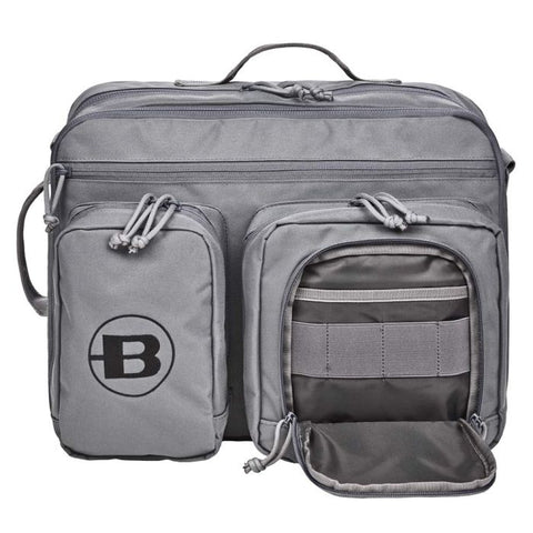 Sac à dos Bergara Tactical Base Camp polyvalent pour une utilisation quotidienne, le travail, et les voyages avec des poches multiples, compartiments extensibles, et bretelles confortables en polyester gris 600D.