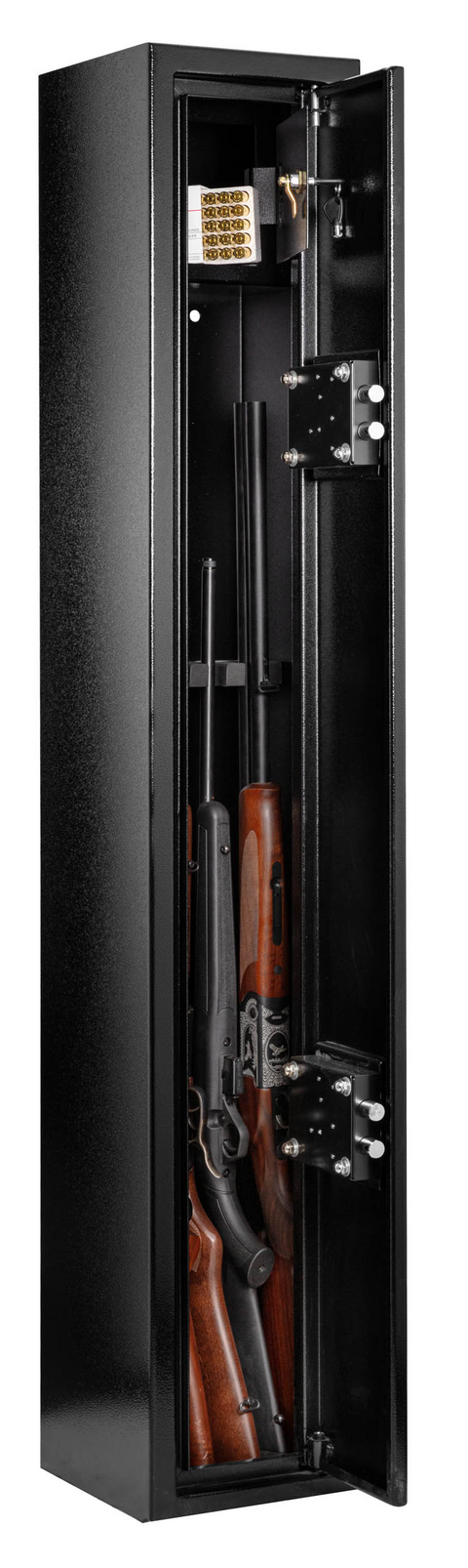 Coffre fort Waldberg pour 5 armes, sécurisé avec 4 points de fermeture, double serrure à clé certifiée, intérieur moquette gris, à fixer au béton, idéal pour protection et sécurité des armes à feu, avec compartiment à munitions, robuste et fiable, dimensions 150x25x25 cm, poids 39 kg, couleur noire, design élégant avec logo Waldberg.