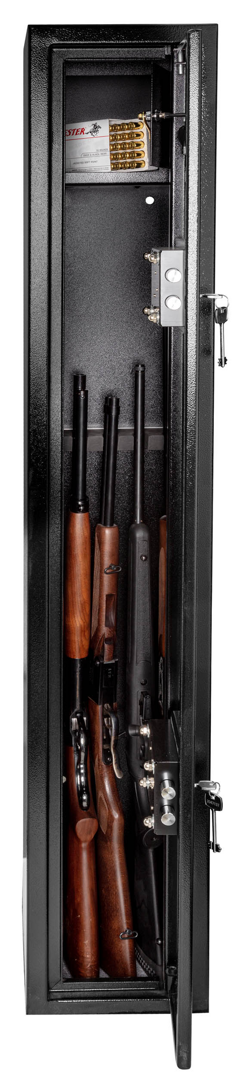 Coffre fort Waldberg pour 5 armes, sécurisé avec 4 points de fermeture, double serrure à clé certifiée, intérieur moquette gris, à fixer au béton, idéal pour protection et sécurité des armes à feu, avec compartiment à munitions, robuste et fiable, dimensions 150x25x25 cm, poids 39 kg, couleur noire, design élégant avec logo Waldberg.