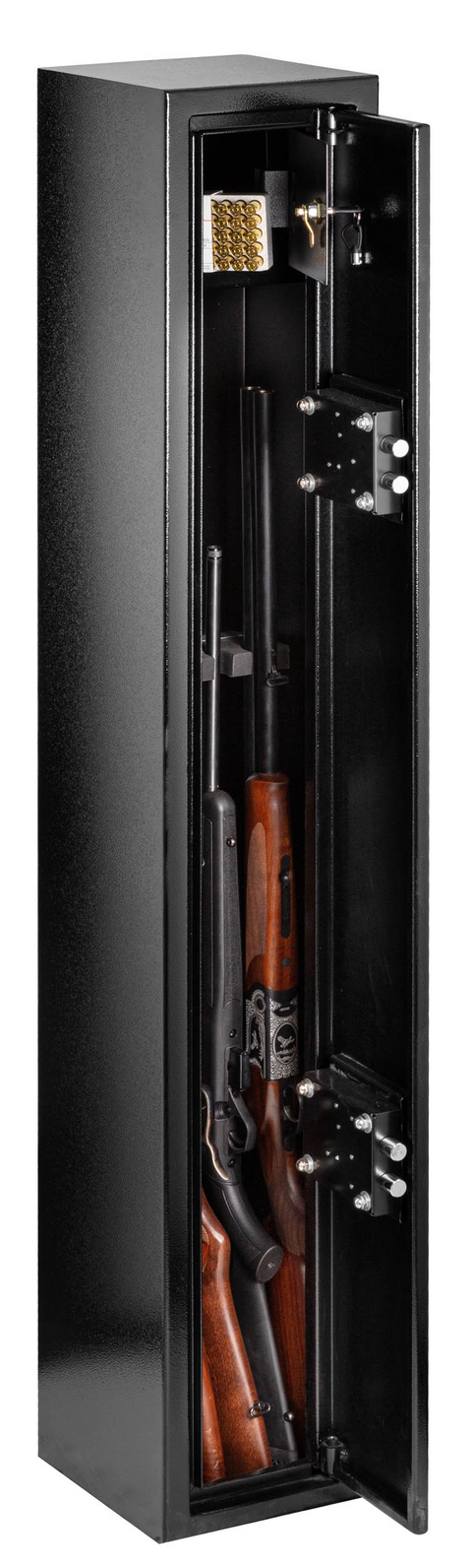 Coffre fort Waldberg pour 5 armes, sécurisé avec 4 points de fermeture, double serrure à clé certifiée, intérieur moquette gris, à fixer au béton, idéal pour protection et sécurité des armes à feu, avec compartiment à munitions, robuste et fiable, dimensions 150x25x25 cm, poids 39 kg, couleur noire, design élégant avec logo Waldberg.