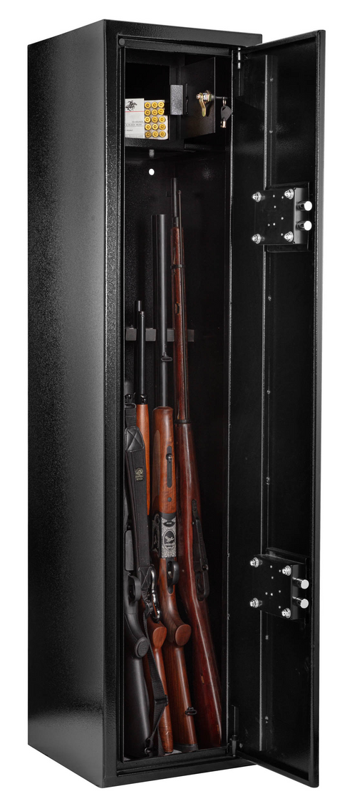 Coffre fort WALDBERG sécurisé pour 7 armes, idéal pour la protection des armes à feu avec tablette amovible pour fusil long, muni de serrures de sécurité et d'un design intérieur noir moquette grise