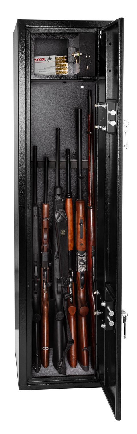 Coffre fort WALDBERG sécurisé pour 7 armes, idéal pour la protection des armes à feu avec tablette amovible pour fusil long, muni de serrures de sécurité et d'un design intérieur noir moquette grise