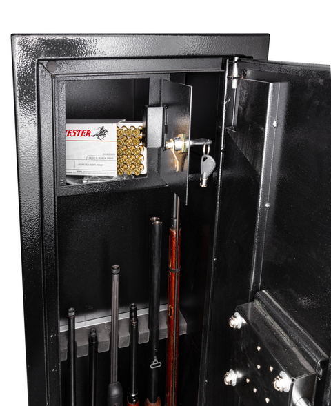 Coffre fort WALDBERG sécurisé pour 7 armes, idéal pour la protection des armes à feu avec tablette amovible pour fusil long, muni de serrures de sécurité et d'un design intérieur noir moquette grise