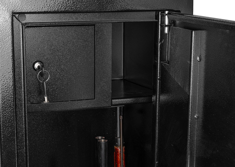 Coffre fort WALDBERG sécurisé pour 7 armes, idéal pour la protection des armes à feu avec tablette amovible pour fusil long, muni de serrures de sécurité et d'un design intérieur noir moquette grise