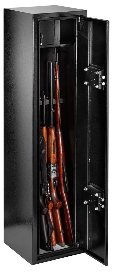 Coffre fort WALDBERG sécurisé pour 7 armes, idéal pour la protection des armes à feu avec tablette amovible pour fusil long, muni de serrures de sécurité et d'un design intérieur noir moquette grise