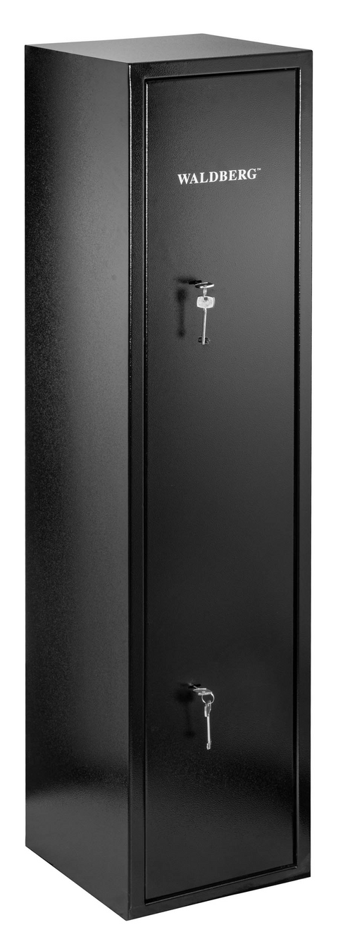 Coffre fort WALDBERG sécurisé pour 7 armes, idéal pour la protection des armes à feu avec tablette amovible pour fusil long, muni de serrures de sécurité et d'un design intérieur noir moquette grise