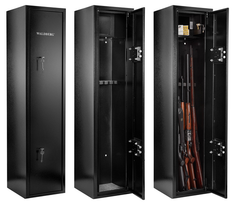 Coffre fort WALDBERG sécurisé pour 7 armes, idéal pour la protection des armes à feu avec tablette amovible pour fusil long, muni de serrures de sécurité et d'un design intérieur noir moquette grise