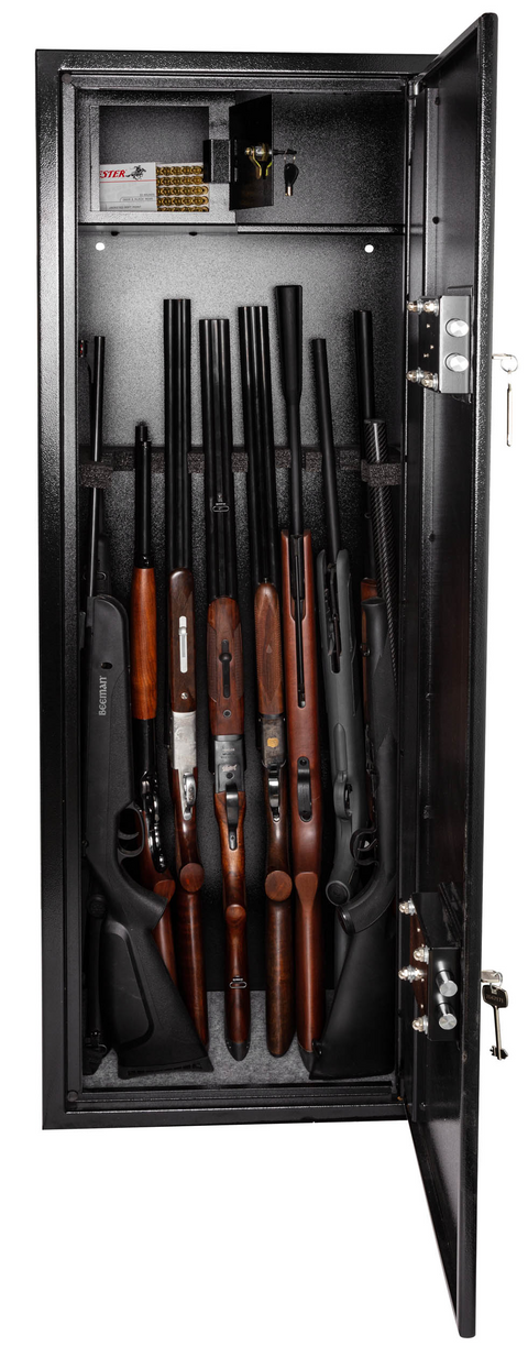 Image d'un coffre-fort WALDBERG pour 10 armes, équipé d'une tablette amovible pour fusil à canon long, avec logo Waldberg et sécurisation par serrures à clefs, intérieur noir et moquette grise, dimensions 150x52x36 cm, idéal pour stockage sécurisé d'armement, livraison gratuite France