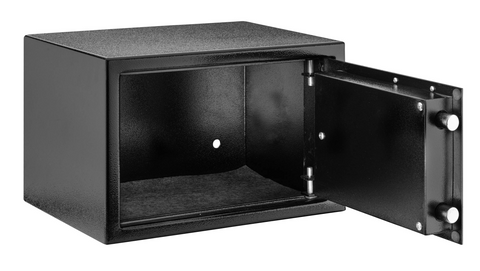 Coffre fort de sécurité avec serrure électronique et clés de secours, recouvert de moquette intérieure grise, mesurant 23 cm en hauteur, 35 cm en longueur et 25 cm en profondeur, offrant une capacité de 20 litres et un poids de 11 kg, idéal pour la protection de vos objets de valeur à domicile.