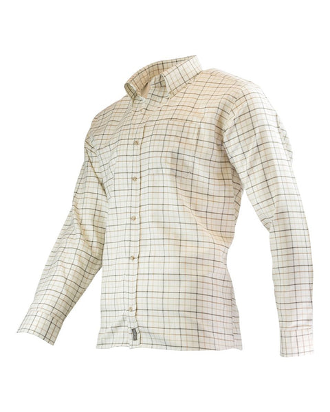Chemise Jack Pyke Chasse Carreaux Bleu en gros plan montrant le motif à carreaux et la qualité des coutures, parfaite pour la chasse, la randonnée et les activités de plein air, offrant confort et style classique.