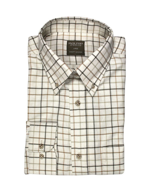 Chemise Jack Pyke Chasse Carreaux Bleu en gros plan montrant le motif à carreaux et la qualité des coutures, parfaite pour la chasse, la randonnée et les activités de plein air, offrant confort et style classique.