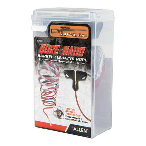 Image du Cordon de nettoyage Allen Bore-Nado pour Calibre 12, conçu pour un entretien rapide et efficace des fusils de chasse, avec brosse en bronze et tampon pré-lubrifié pour garantir des performances de tir optimales et prolonger la durée de vie des armes de calibre 12.