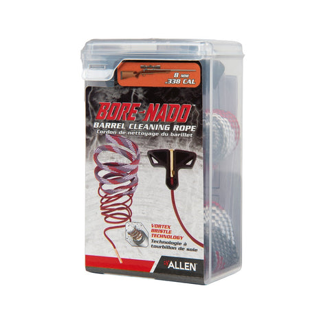 Image du Cordon de nettoyage Allen Bore-Nado pour Calibre 12, conçu pour un entretien rapide et efficace des fusils de chasse, avec brosse en bronze et tampon pré-lubrifié pour garantir des performances de tir optimales et prolonger la durée de vie des armes de calibre 12.