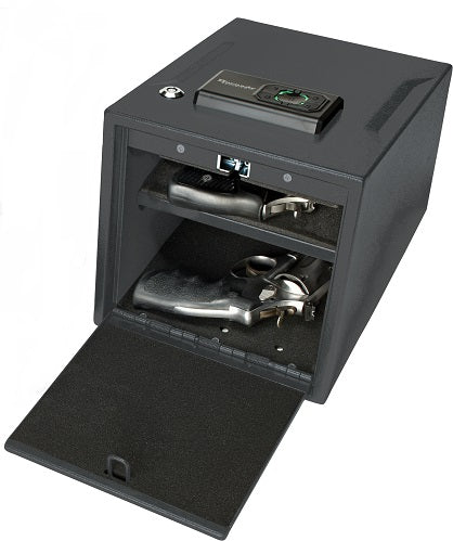 Coffre-fort sécurisé pour armes avec ouverture télécommandée à code, lumière interne automatique, garniture intérieure en mousse de haute qualité pour la protection des objets de valeur, serrure de secours et design compact adapté aux pistolets 1911.