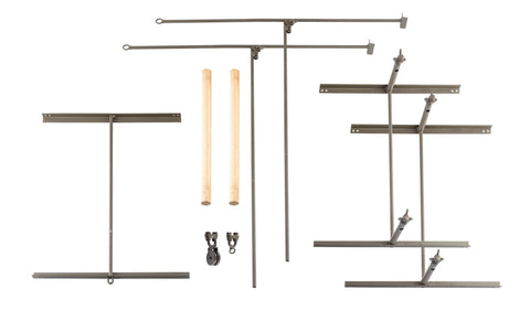 Kit navette pigeon Europ-Arm sur fil à balanciers pour l'entraînement à la chasse, simulant le vol des pigeons de façon réaliste, avec deux cadres, deux balanciers équipés de supports bois et un cadre de contre-poids, idéal pour améliorer la précision et les réflexes de tir en utilisant un système de simulation de vol durable et facile à installer sur différents terrains.
