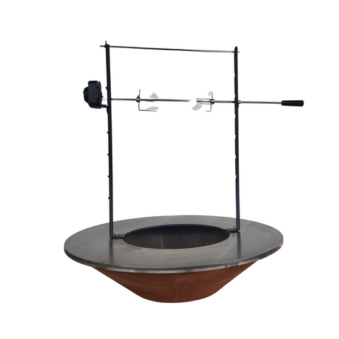 Pack Brasero Complet 2025 avec tourne broche, couvercle, et contour en bois - Design extérieur moderne et chic - Acier corten résistant, diamètre 100 cm - Idéal pour soirées conviviales et cuissons barbecue en plein air - Accessoires inclus pour une expérience optimale