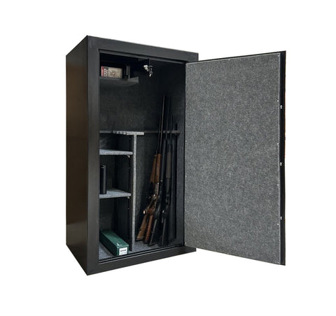 Heavy-duty steel gun safe with reinforced anti-theft door, accommodating 8 or 16 scoped weapons, featuring modular adjustable shelves, electronic keypad lock with key backup, designed for secure long gun storage. Perfect for firearm safety with protective interior and ergonomic handle.